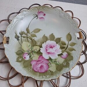 Antique Lefton Hand Painted Pink Rose Porcelain Cake Plate Gold Gilt Scallop Rim